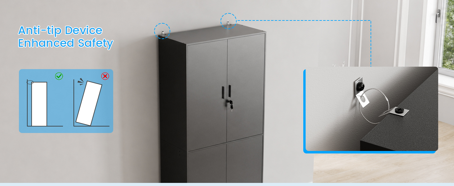 Le texte se lit comme suit : « Step by Step » et « Lifetime Gallery ». Images pédagogiques montrant les étapes d'installation de l'armoire noire avec les compartiments intérieurs et les détails de montage sur fond clair.