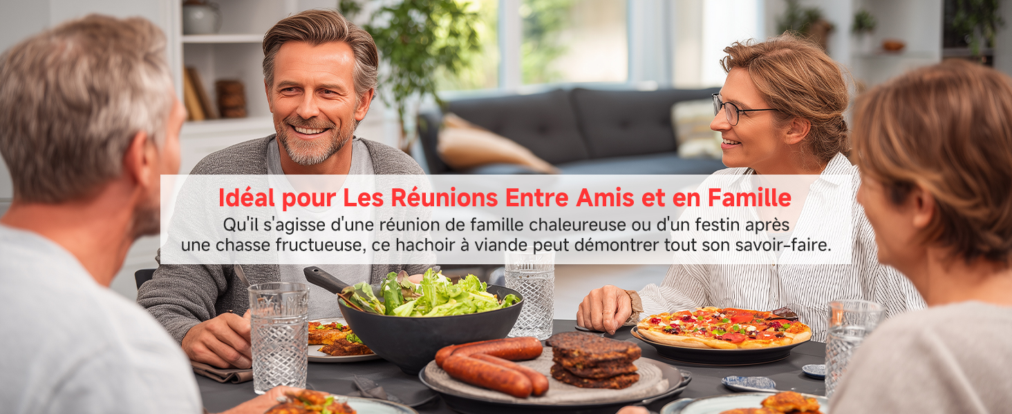 Le texte indique « IDEA pour Les Meilleurs Belys Amis et en Famille » montrant une scène de repas en plein air avec de la nourriture et des boissons sur la table.