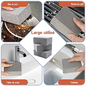 Bloc de nettoyage gris polyvalent utilisé sur diverses surfaces. Montre comment nettoyer le barbecue, l'évier, les toilettes et enlever les taches sur les casseroles.