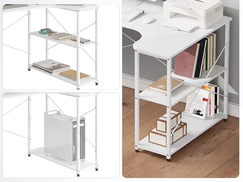 con estante central extraíble, que presenta varias configuraciones para un espacio de almacenamiento personalizable. Las imágenes muestran el escritorio con y sin el estante central