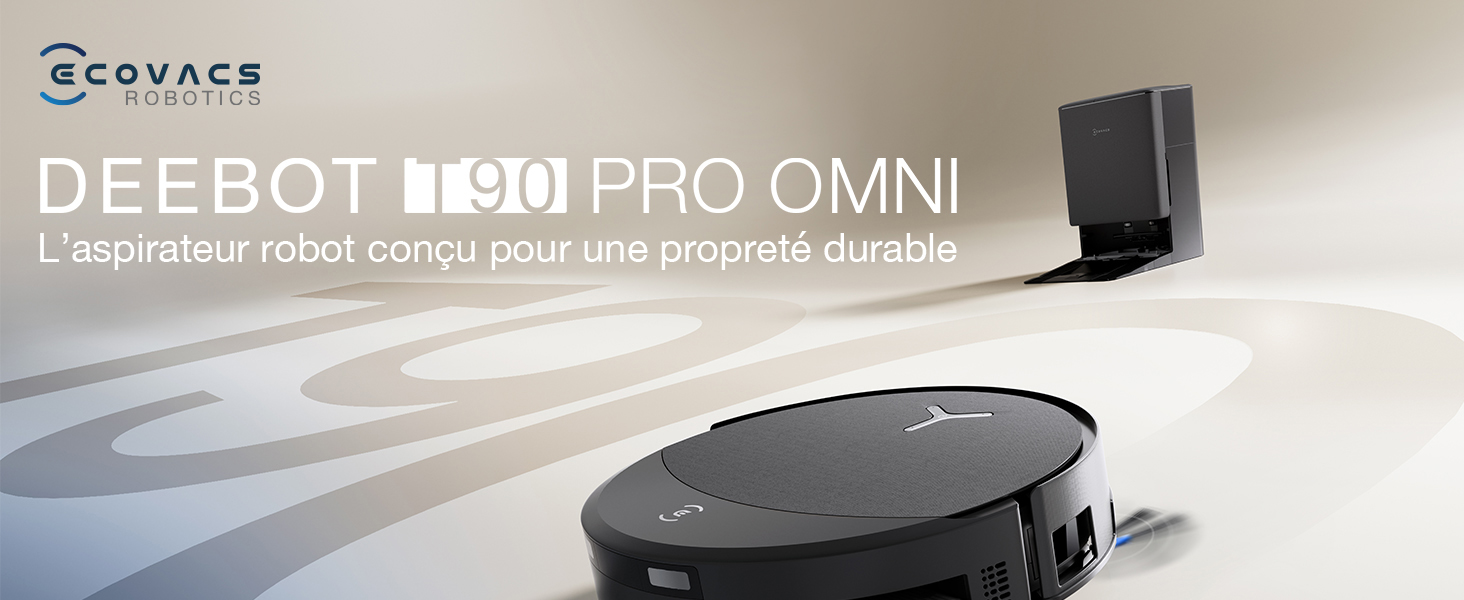 Le texte indique « DEEBOT T20 PRO OMNI » et « ECOVACS ». Aspirateur robotique présenté en couleur foncée avec des éléments de design modernes.