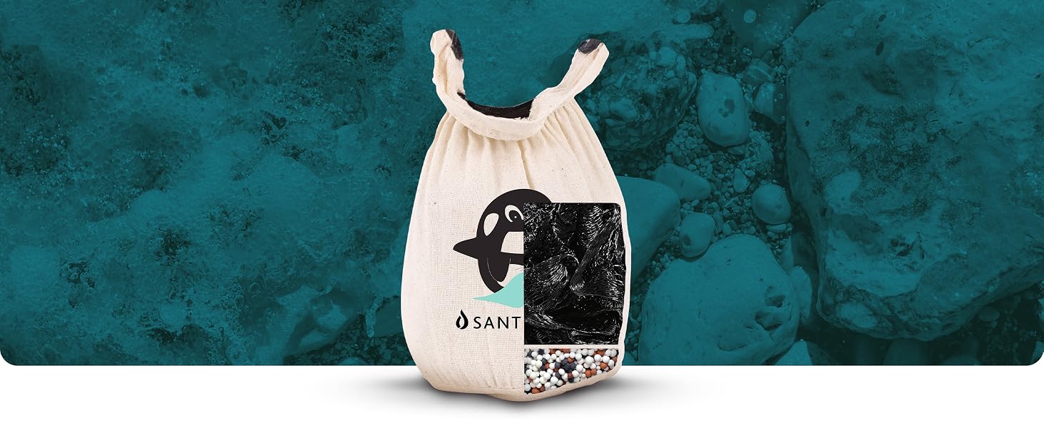 The Santevia Bath filter with a black loofah for water flow efficiency and filtration + minerals