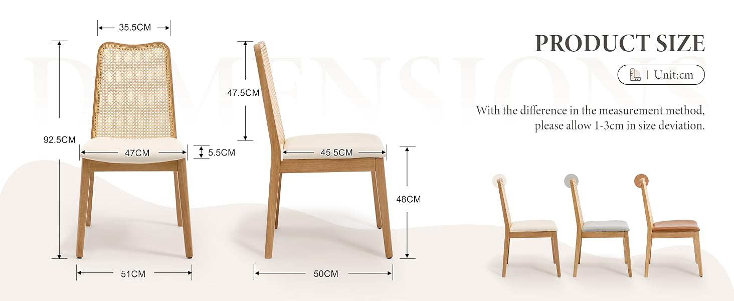 Text reads "PRODUCT SIZE" with dimension measurements. Wooden dining chair shown from multiple angles displaying front, side, and back views with specific measurements in centimeters for height, width, and depth.