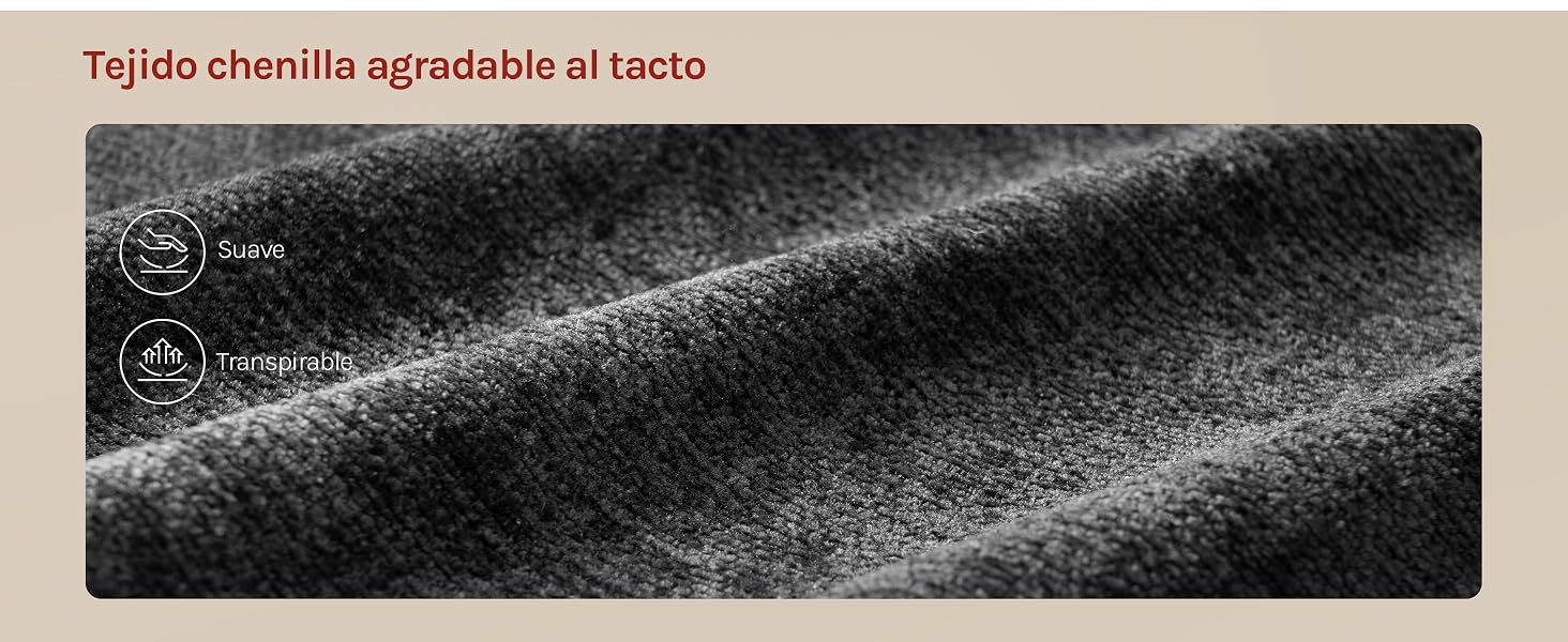 El texto dice «Tápido chenille agradable al tacto». Detalle de textura detallado que muestra un tejido suave y oscuro con fibras finas.