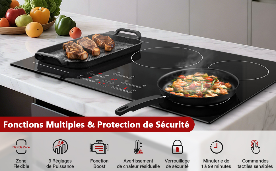 Le texte se lit comme suit : « Fonctions multiples &amp; Protection de Sécurité ». Plusieurs images de la table de cuisson à induction avec des icônes illustrant diverses fonctions de sécurité et de cuisson.
