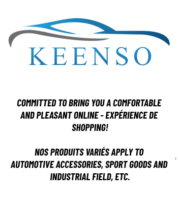 Keenso company logo featuring a stylized car silhouette. Text describes commitment to comfortable online shopping for automotive and industrial accessories.