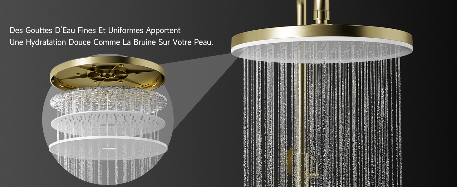 Le texte se lit comme suit : « Pommeau de plafond à six prises ou atomiseur à ultrasons, brume et pluie LED, affichage numérique, pluie ou brume portatif, 3 secondes ». Pommes de douche à effet pluie dorées et chromées avec touches de cristal et commandes numériques.