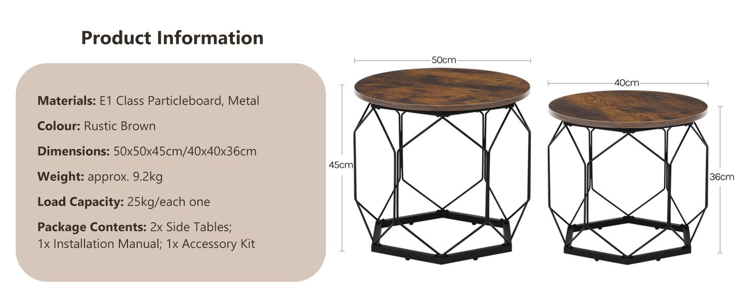 Set of two round wooden side tables with geometric black metal base frames. Product information card shows brown color and specifications.