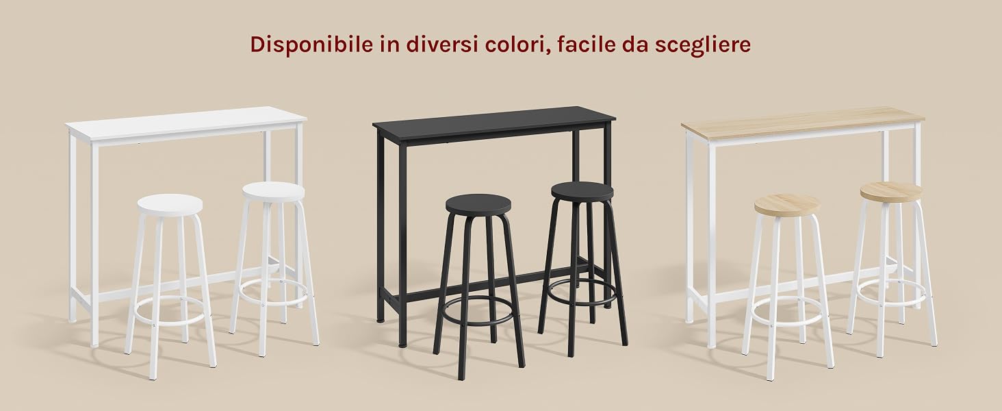 Il testo dice 'Disponibile in diversi colori, facile da spostare. ' Tre modelli di sgabelli da bar nelle finiture beige e nera con poggiapiedi, disponibili in diverse configurazioni per una maggiore versatilità.