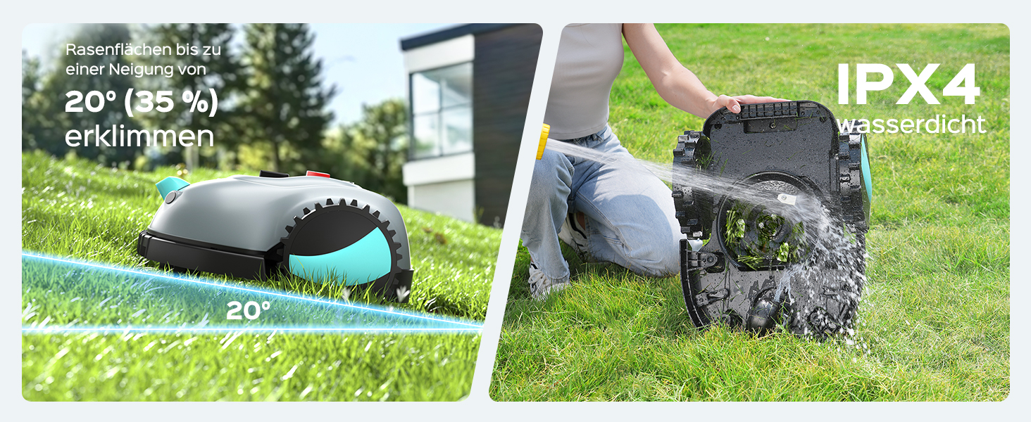 Serie von Außenaufnahmen, die den Rasenroboter in Aktion auf grünem Gras zeigen und die automatische Rasenpflege aus verschiedenen Blickwinkeln demonstrieren.