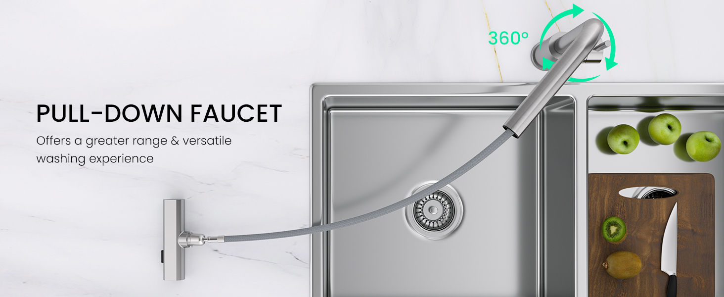 Pull-down kitchen faucet with 360-degree swivel arm and chrome finish, shown installed over a sink with produce visible.