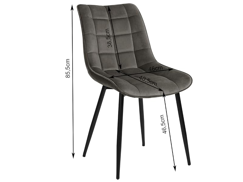 Sedia da pranzo moderna con rivestimento trapuntato grigio, gambe in metallo e misure indicate: altezza 85 cm e larghezza 46 cm.