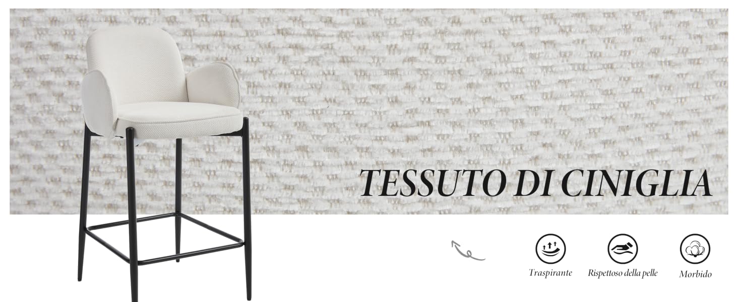 Il testo recita: 'TESSUTO DI CINIGLIA'. Sgabello da bar moderno bianco con struttura in metallo nero raffigurato su uno sfondo strutturato con le icone delle caratteristiche del prodotto in basso.