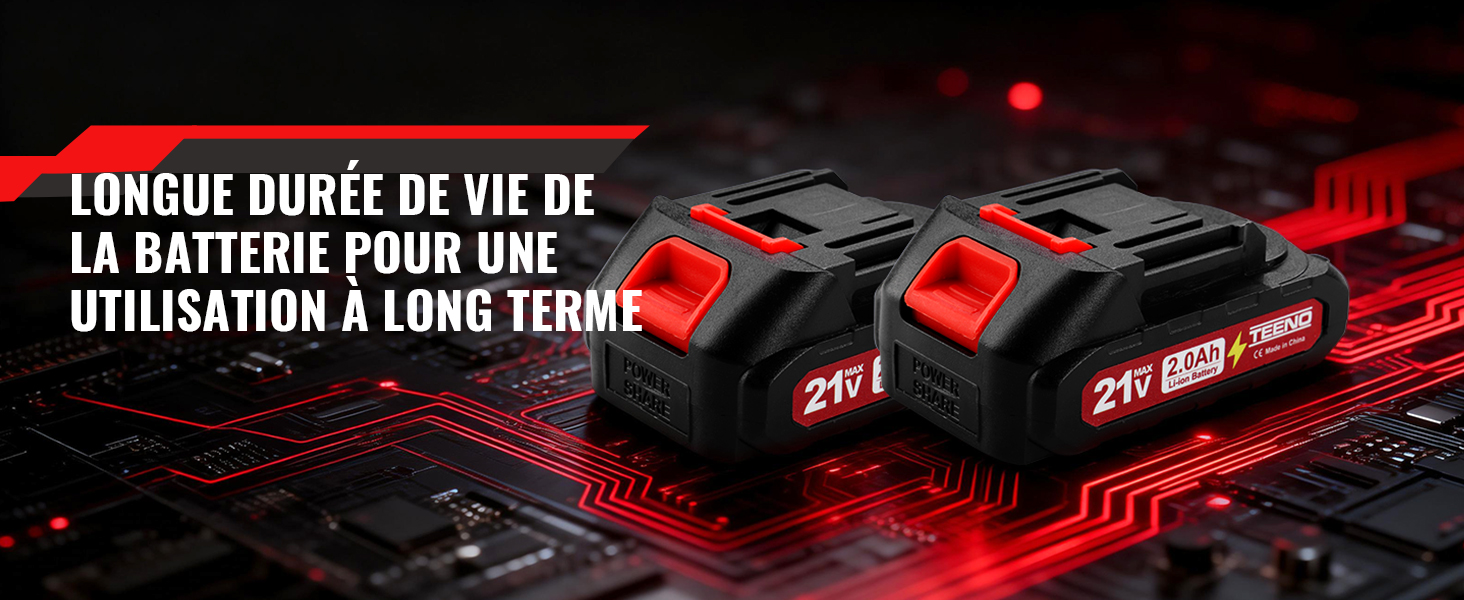Le texte indique « LONGUE DURÉE DE VIE DE LA BATTERIE POUR UNE UTILISATION À LONG TERME » sur fond rouge et noir avec des images des produits de batterie et les spécifications d'alimentation.