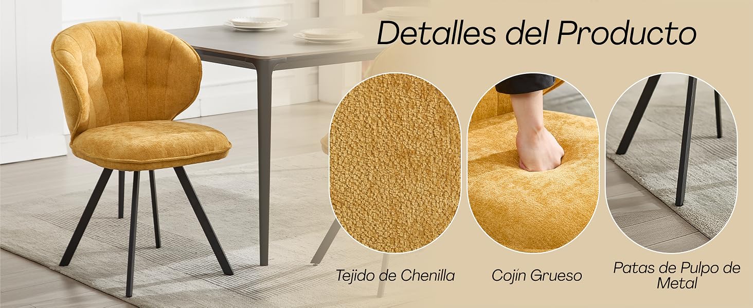 El texto dice «Detalles del producto». Tres imágenes detalladas del producto que muestran un diseño moderno de silla, detalles de textura de ratán y construcción de la base de la silla.