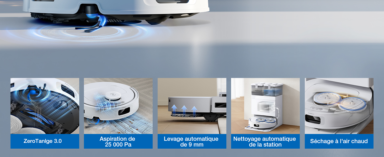 Aspirateurs robotiques dans de multiples variantes de produits et angles. Aspirateur robot bleu affiché sur une surface de sol blanche avec cinq configurations de modèles ou accessoires différents illustrés dans les panneaux de comparaison ci-dessous.