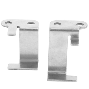 White bathroom accessories mounting hardware displayed against white background, showing metal brackets and installation components for towel bars or similar fixtures.