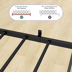Assembly instruction diagrams showing bed frame support system installation on wooden flooring, with cross-pattern support structures.