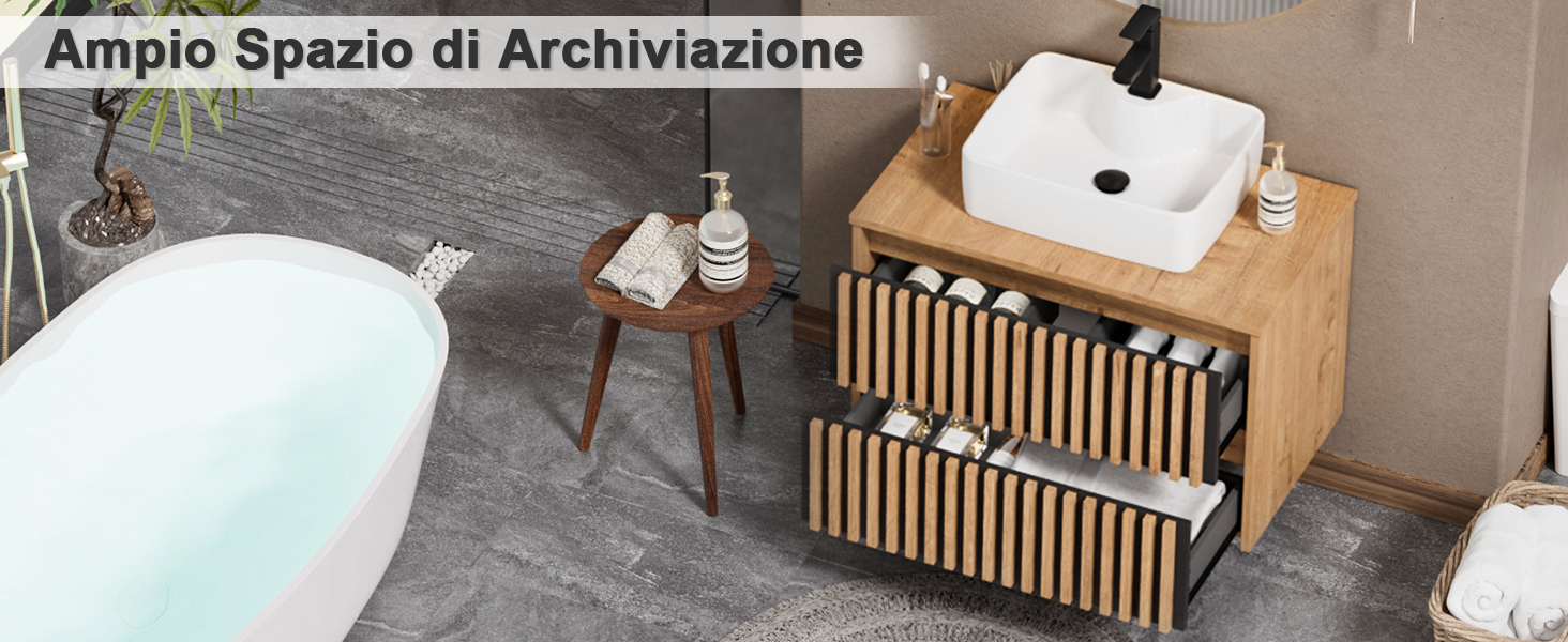 Il testo recita 'Ampio Spazio di Archiviazione'. Contenitore da bagno con design a doghe in bambù e legno che contiene articoli da toeletta.
