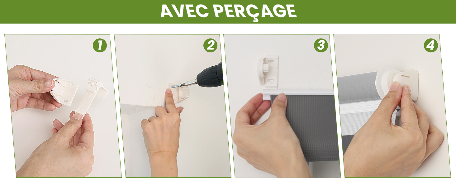 Instructions en quatre étapes pour percer et suspendre. Montre des mains tenant une perceuse, marquant un endroit, insérant une ancre murale et accrochant un objet.