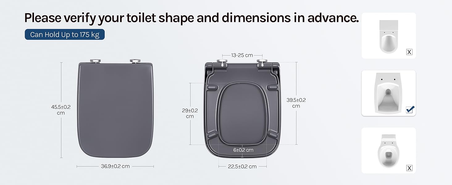 Text reads 'Please verify your toilet shape and dimensions in advance.' Two gray curved toilet seat covers shown from front and back views with dimension lines and small attachment hardware components illustrated.