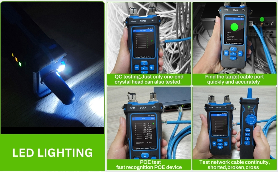 avec éclairage LED, plusieurs modes de test, notamment QC, POE et continuité. Appareil bleu avec affichage numérique et sonde pour le diagnostic des câbles.