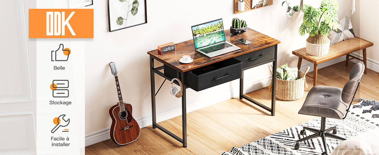 Bureau d'ordinateur moderne avec plateau en bois et structure en métal. Les caractéristiques incluent la gestion des câbles, un plateau pour clavier et un espace pour les accessoires de bureau.