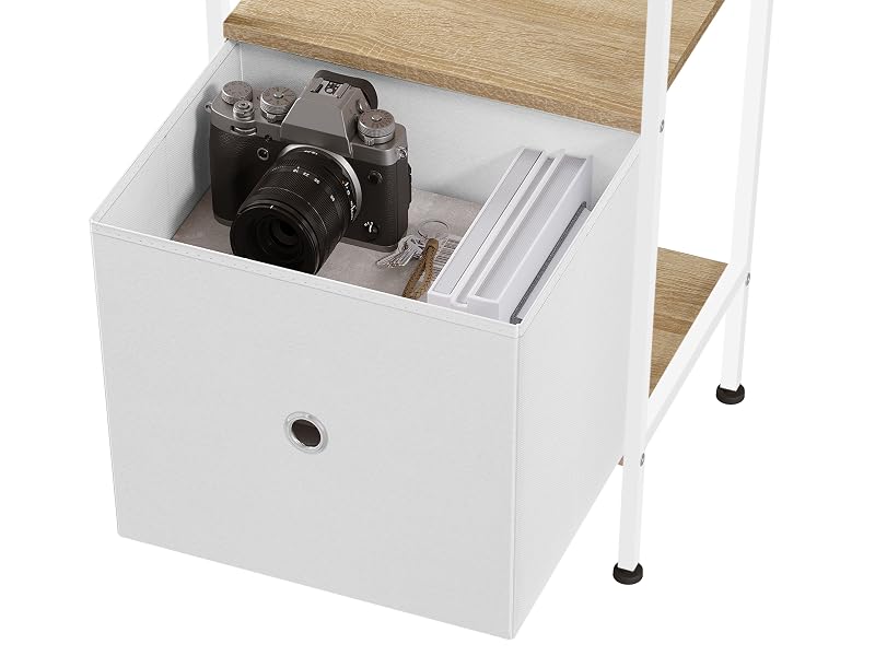 White storage drawer with wooden top containing a camera and accessories, mounted on metal legs.