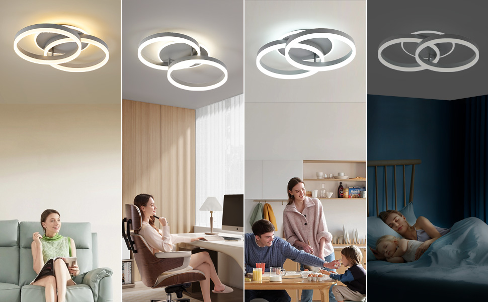 Moderne runde LED-Deckenleuchte in vier Einstellungen: Wohnzimmer, Heimbüro, Essbereich und Schlafzimmer. Zeigt Optionen für warmes und kaltes Licht