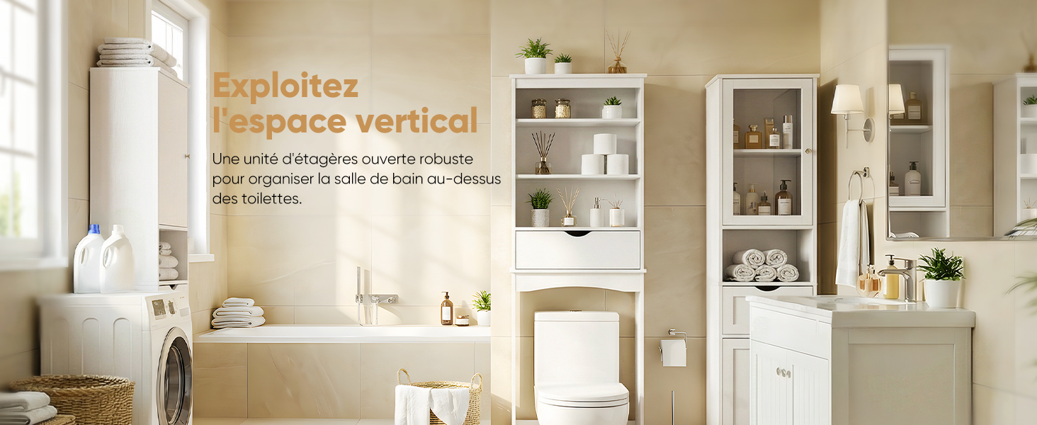 Le texte se lit comme suit : « Exploitez l'espace vertical ». Image de design d'intérieur montrant des unités de rangement et des étagères de salle de bain blanches montées sur des murs, démontrant l'utilisation verticale de l'espace.