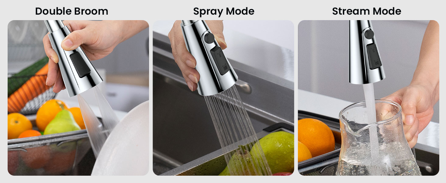 Set of step-by-step instruction images showing kitchen sink usage, including water running and food preparation tasks.