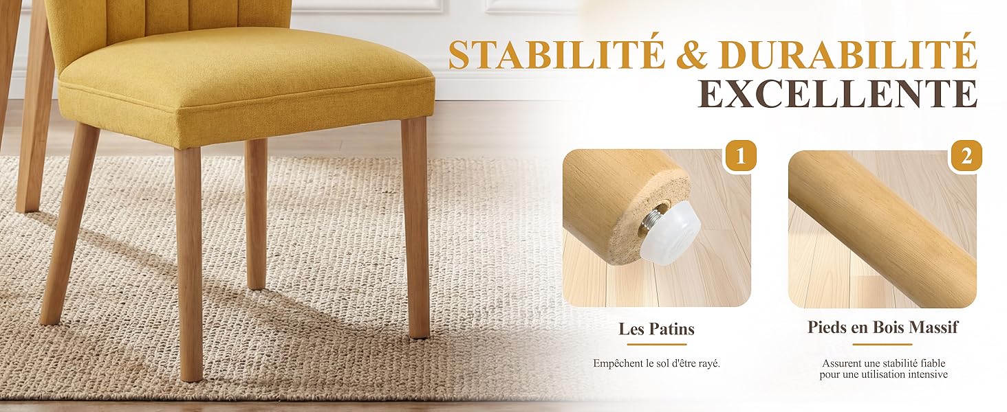 Le texte indique « STABILITE &amp; DURABILITE EXCELLENTE ». Images rapprochées montrant les détails des pieds de chaise et les caractéristiques du matériau en bois démontrant la qualité et la construction des meubles.