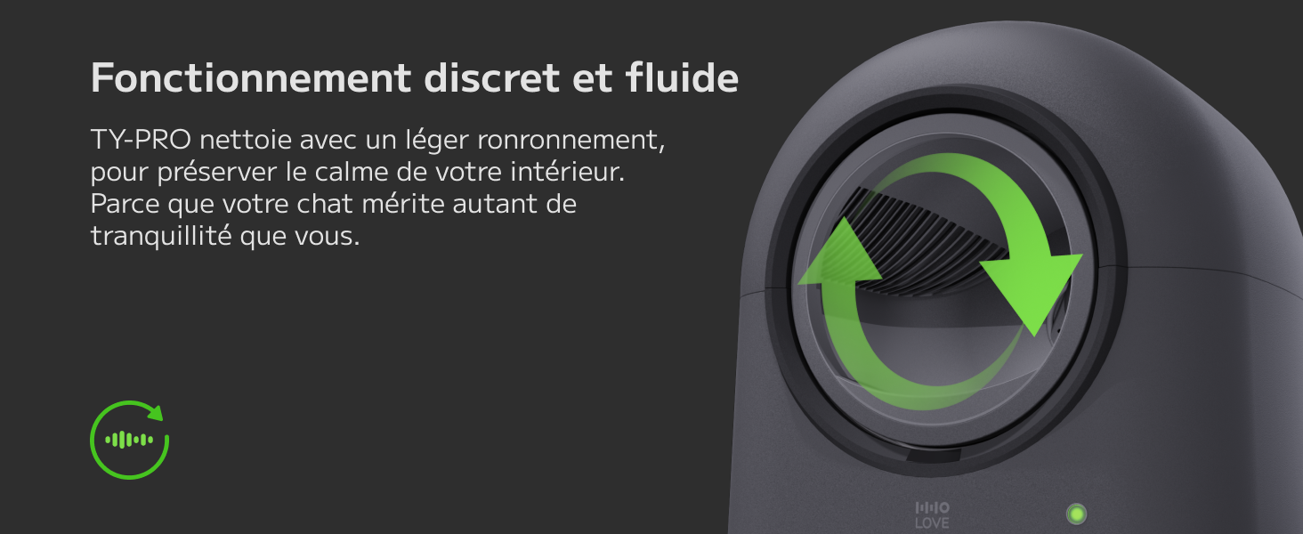 Le texte indique « Fonctionnement discret et fluide » avec une description en français. Gros plan d'un filtre circulaire ou d'un mécanisme de roue avec des flèches vertes indiquant le sens de rotation sur fond sombre.