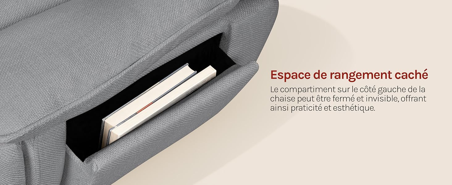 Le texte indique « Espace de rangement caché » avec une description en français. Organiseur de rangement en tissu gris avec compartiment zippé noir contenant de la literie ou du linge de maison blancs.