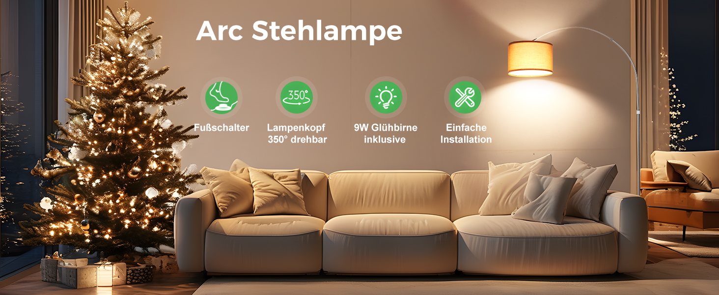 Der Text lautet „Arc Stehlampe“. Mehrere Ansichten einer modernen Stehlampe in einem Wohnzimmer, die einen warmen Lichteffekt an Wand und Möbeln zeigt.