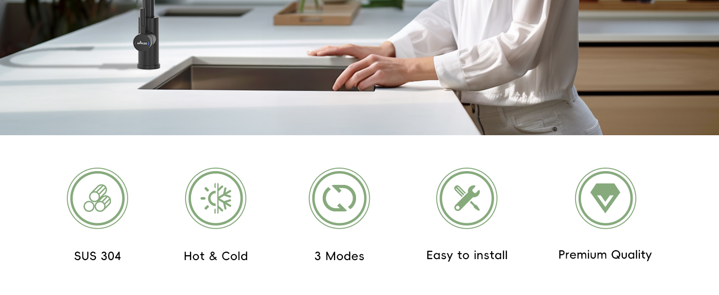 Kitchen countertop scene with five circular icons below showing product features including SUS 304, hot &amp; cold, 3 modes, easy installation, and premium quality.