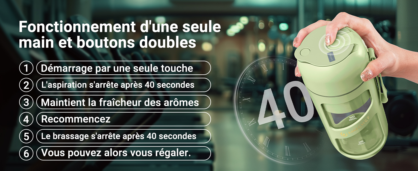 Appareil portable vert clair avec des instructions numérotées en français indiquant l'utilisation d'une seule main. Comprend une minuterie de 40 secondes et une fonctionnalité à double bouton.