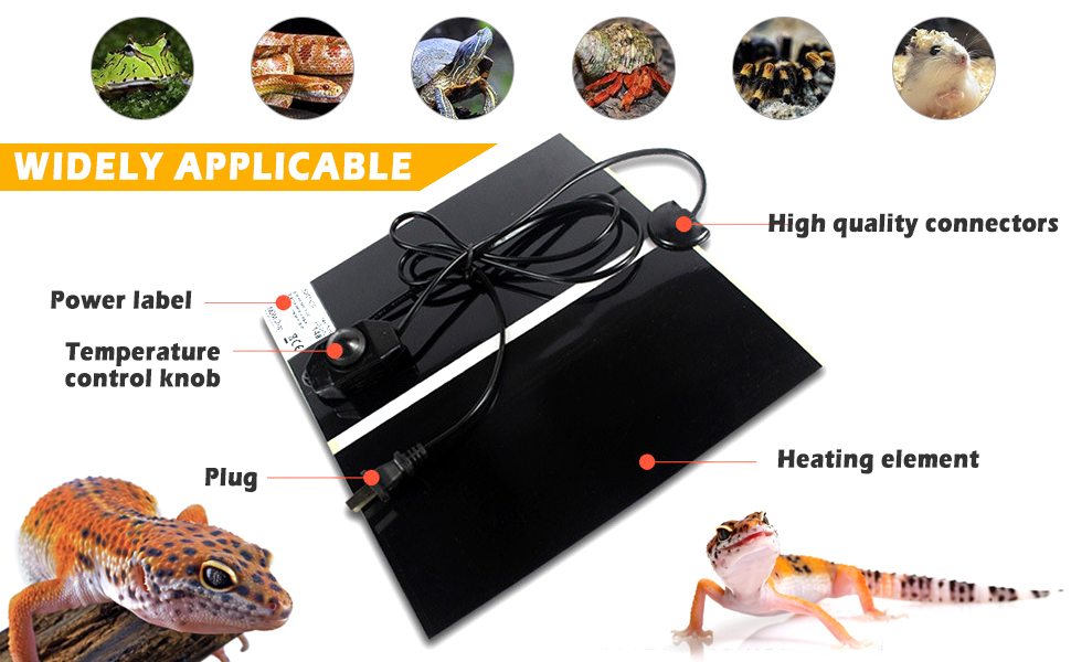 Bandeja de comida negra para reptiles con etiqueta de alimentación, perilla de control de temperatura, enchufe y elemento calefactor. Muestra compatibilidad con varios reptiles con miniaturas circulares.