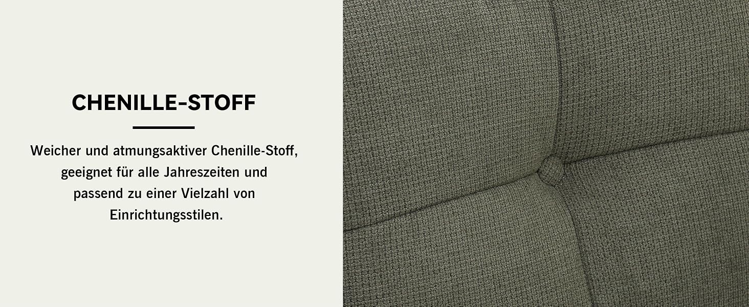 Der Text lautet „CHENILLE-STOFF“. Nahaufnahme von grünem strukturiertem Chenille-Stoff mit sichtbarem detailliertem Webmuster.