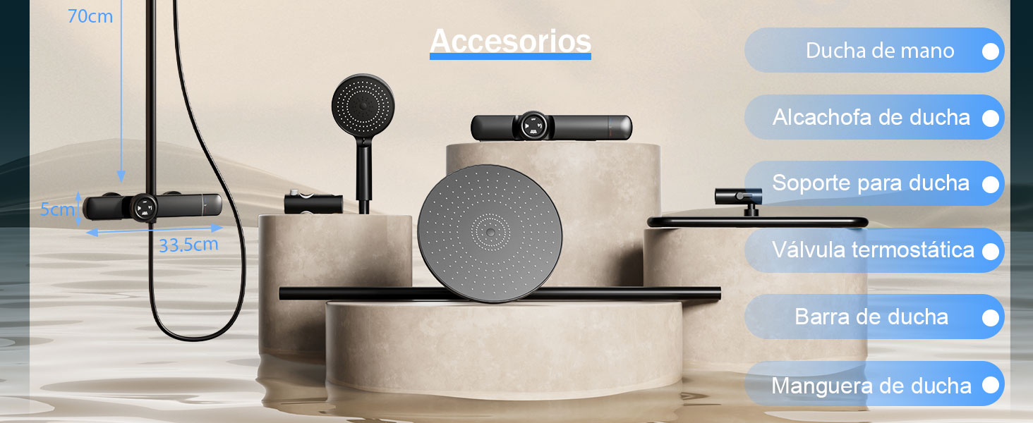 El texto dice «Ajustable de 60 cm». Interfaz de control o panel de configuración del dispositivo con indicadores de flecha azul y esfera circular sobre una superficie oscura.