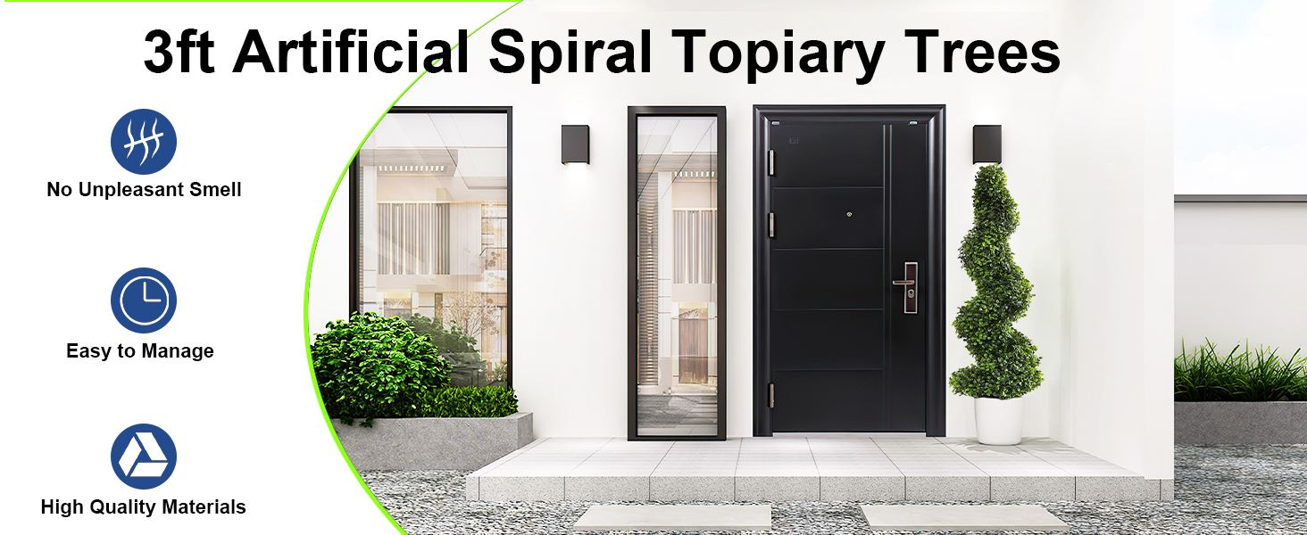 Text reads '3ft Artificial Spiral Topiary Trees'. Multiple product photos showing artificial spiral-shaped topiary plants in black containers against white backgrounds.