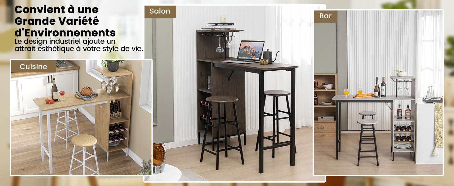 comprenant une table haute avec deux tabourets, un casier à vin et des étagères de rangement. Idéal pour les petits espaces.