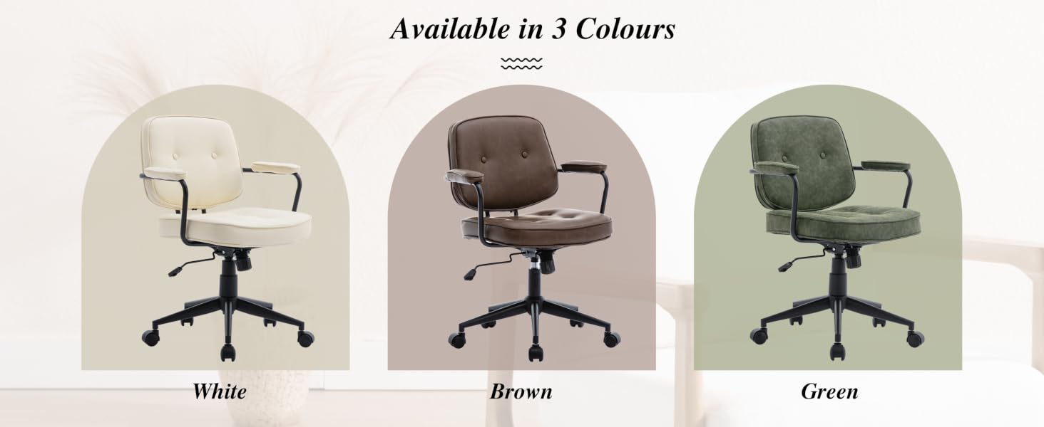 Office chairs in three colors: white, brown, and green. Each chair has a padded seat and backrest, armrests, and a wheeled base with height adjustment lever.