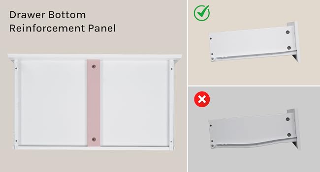 Text reads 'Drawer Bottom Reinforcement Panel'. Split-panel product image showing white panel components, pink fabric strip, and reinforcement details with checkmark and X mark indicators.