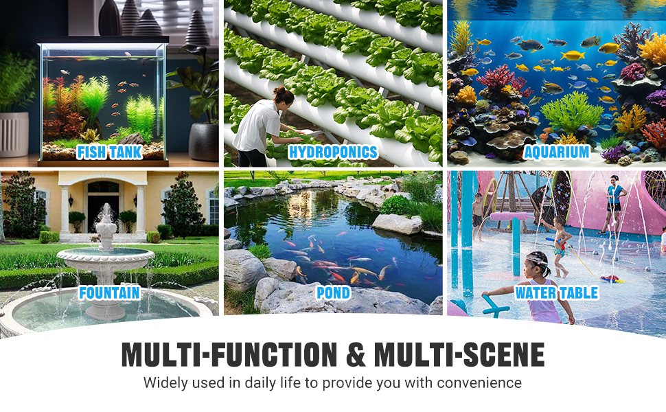 Multi-function water feature display showing six applications: fish tank, hydroponics, aquarium, fountain, pond, and water table. Text indicates daily life convenience.