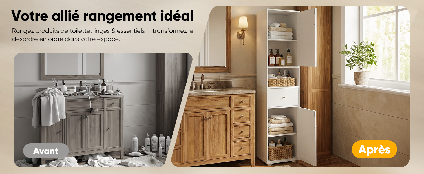 Le texte se lit comme suit : « Votre allié rangement idéal ». Série d'images de l'intérieur de la maison montrant les transformations du rangement et de l'organisation à l'aide d'indicateurs « Avant » et « Après ».