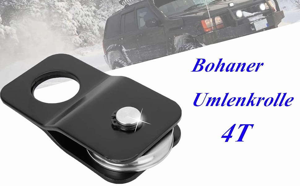 en métal noir avec roue à poulie unique. Conception de plaque plate avec trou circulaire. Nom du produit « Bohaner Umlenkrolle 4T » visible. Véhicule tout-terrain sur fond enneigé.
