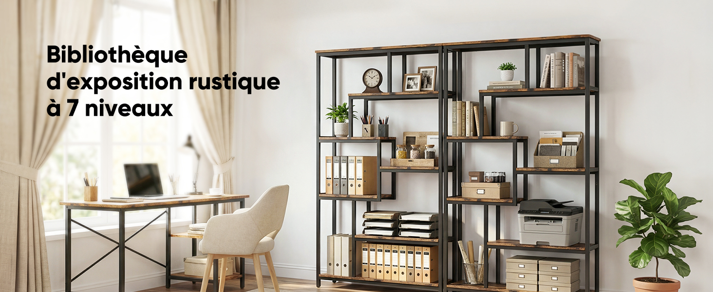 Le texte se lit comme suit : « Bibliothèque d'exposition rustique à 7 niveaux ». Étagère de style industriel avec 7 étagères en bois et structure en métal noir, présentée dans un décor de salon avec des plantes.