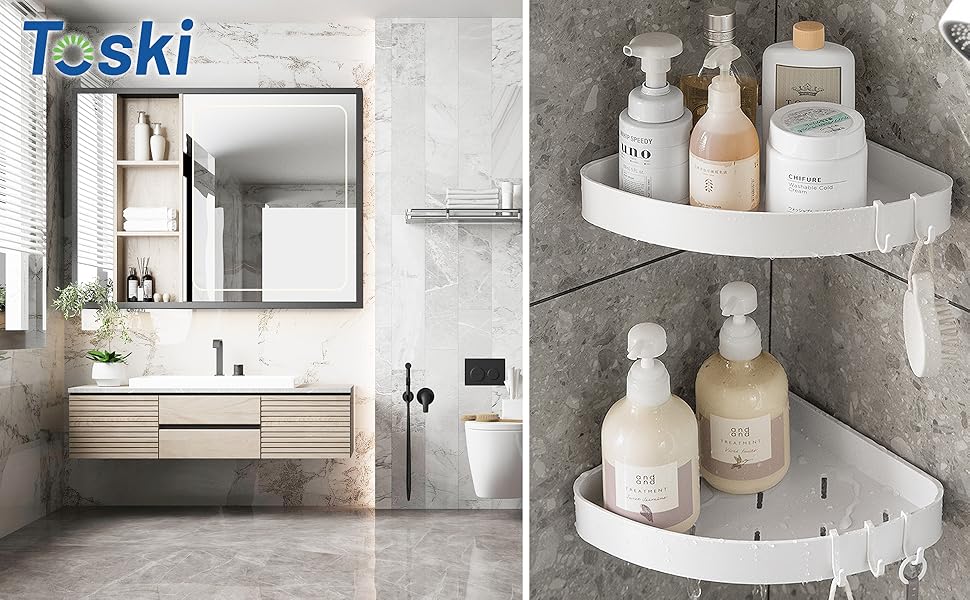 El baño es una combinación de estantes de dos niveles y un estante que puede contener jabones, toallas y otros productos