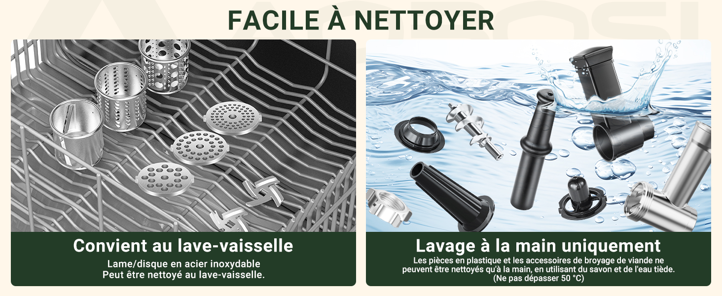 Image fractionnée montrant des ustensiles lavables au lave-vaisselle et des articles lavables à la main uniquement. Le panneau de gauche affiche le panier du lave-vaisselle, le panneau de droite montre divers ustensiles de cuisine avec des éclaboussures d'eau